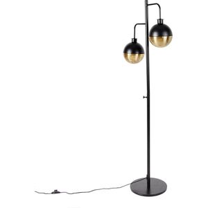QAZQA haicha - Industriele Vloerlamp | Staande Lamp - 2 lichts - H 151 cm - Zwart Goud - Industrieel - Woonkamer | Slaapkamer | Keuken