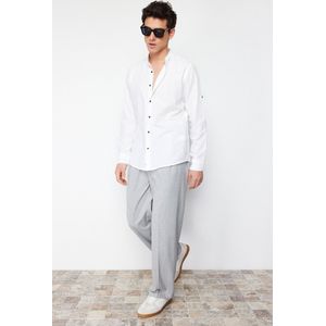 Trendyol Donkerblauwe Slim Fit Basic Judge Collar Met Epauletten 100% Katoenen Linnenlook Overhemd Tmnss20Go0188