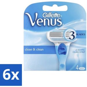 6 x Gillette - Venus - Close & Clean - Gladde scheerbeurt - 4 Navulscheermesjes - Scheermesjes - Scheermesjes Voor Vrouwen - Venus Scheermesjes - Gladde Scheerbeurt - Scheermesjes Gillette