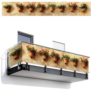 Balkonscherm 500x80 cm - Balkonposter Bloempotten - Muur - Vintage - Balkon scherm decoratie - Balkonschermen - Balkondoek zonnescherm
