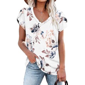 PLOKNRD Zomers T-shirt met Korte Mouwen voor Dames - Elegante Top - Casual Dagelijks Klassiek Shirt Causal Printing V Neck Top Shirt Petal Sleeves Maat M