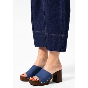 Sacha - Dames - Blauwe denim muiltjes met houten hak - Maat 38