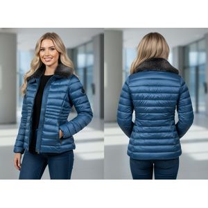 Blue Flame Merk Dames Gewatteerde Jas zonder Capuchon – Jas met Opstaande Kraag met Bont Maat 46 Kleur Teal Blue