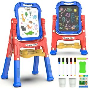 4-in-1 Tekenbord Rood/Blauw – Dubbelzijdig Inclusief Krijtjes, Markers, Magneetjes, Houders en Wisser – Magnetisch Whiteboard – Krijtbord – Magneetbord – Schoolbord Kinderen – Educatief Speelgoed – Cadeau Kind – 3 Jaar en Ouder