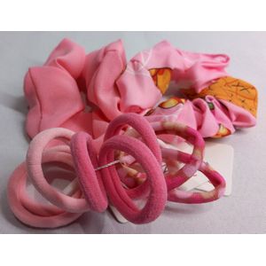Haar scrunchies 2 x met Bijpassende Haarelastieken 10 x - Roze - Print - Meisjes - Kado Tip !!