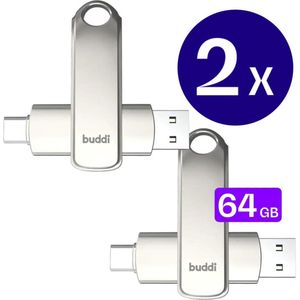 Buddi - Dual Geheugenstick - Grijs - 64GB - USB-C en USB-A - USB 3.1