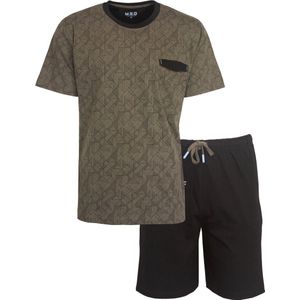 MEQ Heren Shortama - Pyjama Set - Katoen - Bruin/Donker Grijs - Maat S
