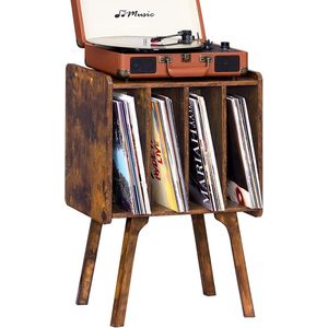 Houten platenstandaard met 4 kasten, Mid-Century vinyl platenspeler tafel met massief houten poten, houdt tot 100 albums, bruin vinyl platen rek voor slaapkamer en woonkamer