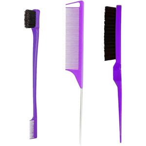 Kamset voor styling - 3-delig met verschillende tanden - Inclusief natuurlijke borstel - Paars