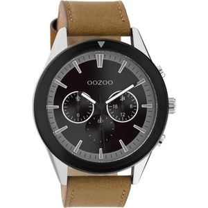 OOZOO Timepieces - zilverkleurige/Zwarte horloge met bruine leren band - C10801 - Ø45