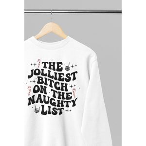 Foute kersttrui - The jolliest bitch - Wurban Wear | 18+ | Grappige sweater | Leuk cadeau | Unisex sweater | Oversized sweater | Kersttrui heren | Foute kerstkleding | Kerst sweater | Kerst diner | Kersttrui dames | Foute kersttruiendag 2025 | Wit