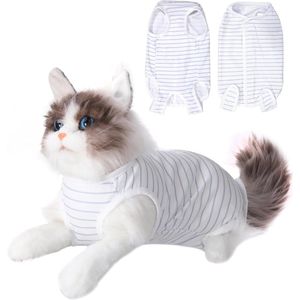 Cat Recovery Suit voor Abdominal Wonden - Skin Diseases - Zachte E-Collar Cone Alternatief Onesie voor Katten en Kittens (L Size) - Grijs Witte Streep