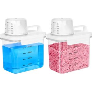 Luchtdichte Wasmiddelopbergdoos met Doseerhulp - 2 Stuks, 1100 ml, Ideaal voor Waspoeder en Wasverzachter