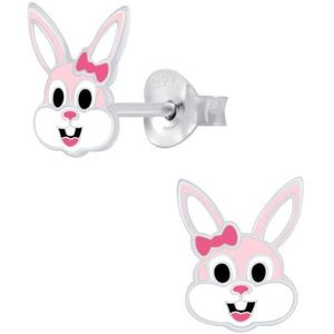 Oorbellen kinderen | Zilveren oorstekers, konijn, wit en roze