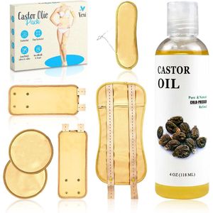 Vexi - Castor Olie Pack 8 delig met 118 ml Olie voor Buik, Nek, Borst, Benen en Voeten - Herbruikbaar – Beige – Incl. 118 ml Castor olie - Gewrichtspijn - Castor Olie Wrap voor Lever Detox en Reiniging