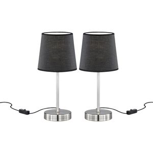Eleganza Tafellamp Zwart Textiel & Metaal - Moderne Verlichting E14 Fitting - Stijlvolle Lamp voor Woonkamer & Slaapkamer - Nachtlampen - 26 cm - Set van 2