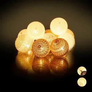 Relaxdays LED lichtsnoer met 10 ballen - sfeerverlichting - feestverlichting - katoen - Wit-grijs-bruin