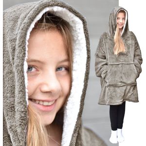 HOMELEVEL Sherpa Winter Hoodie XL Sweatshirt Pullover Oversize voor Kinderen Pullover Dekentje Huis Trui Buiten Binnen - Taupe