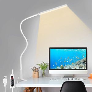 Lampen District® - LED Bureaulamp met klem - Oog beschermende - Hobbylamp - Flexibele Werklamp Wit- 3 Lichtstanden & 10 Helderheidsniveaus