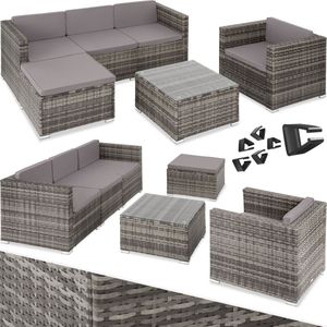 tectake® wicker Lounge, tuinmeubelset voor buiten met bank, fauteuil, kruk en tafel, variabel combineerbaar, weerbestendig meubilair voor 4-5 personen, balkonmeubilair, tuinlounge, terrasmeubilair - grijs - poly-rattan