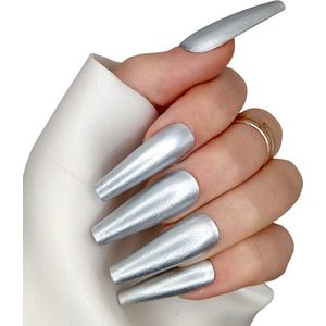 SD Press on Nails - B-98 - Plaknagels met nagellijm - XL Coffin - Zilver- Set 20 Nagels - Cosplay - Nepnagels - Valse Nagels - Extreem lange nageltips - Nail Art - Handgemaakt - Nagellak - Gellak