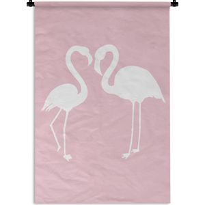 Wandkleed FlamingoKerst illustraties - Witte silhouetten van flamingo's op een lichtroze achtergrond Wandkleed katoen 60x90 cm - Wandtapijt met foto