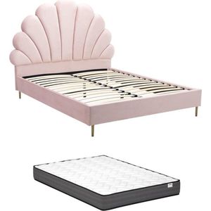 Bed met schelpvorm 160 x 200 cm - Velours - Roze + matras - LIVAYA L 187 cm x H 150 cm x D 215 cm