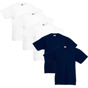 5x Fruit of the Loom Kinder t-shirts origineel wit/marineblauw maat 140