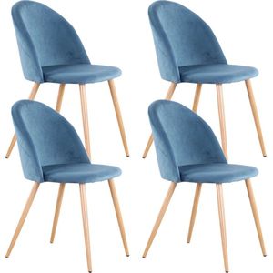 Amalee - Set van 4 stoelen - Eetstoelen - Fluweel - Blauw - Eetkamer stoelen - Eettafel stoelen - Houtlook metalen poten - Met rugleuning - Vintage Nordic