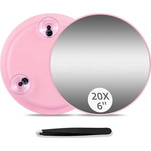 Vergrootspiegel met Zuignap - 20x Vergroting - Ø15cm - Make-up Spiegel met Zuignappen - Wordt geleverd met pincet - Reisspiegel - Mini Make Up Spiegel - Geschikt voor thuisgebruik, schoonheidssalons en reizen - Roze