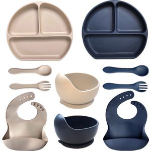 10-delig Siliconen Servies Set Beige Blauw - Silicone Servies Set - Babyservies - Kinderservies - Baby Bord Zuignap - BPA Vrij