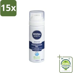 15 x NIVEA MEN - Scheergel - Sensitive Mini - 30 ml - Grootverpakking - Scheergel - Gevoelige Huid - Scheerbeurt - Roodheid - Snijwond