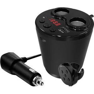 Auto Sigarettenaansteker Splitter Beker met afstandsbediening, Bluetooth & FM transmitter 12V/24V - 2x USB Ingang Auto 5V/3.1A + 2x Sigaretten Aansluitingen - Autolader - Voor in beker houder - G63R - Zwart