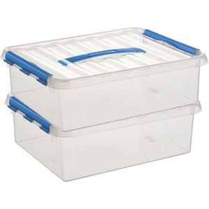 2x Sunware Q-Line opberg boxen/opbergdozen 12 liter 38 x 30 x 12 cm kunststof - A4 formaat opslagbox - Opbergbak kunststof transparant/blauw