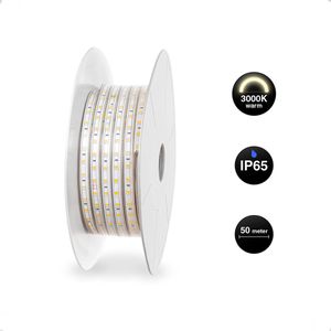 LED Strip 50 meter - 220V- IP65 - 3000K Warm Wit licht - 60 LEDs p/m - Buitenverlichting - Werkverlichting - Plug & Play