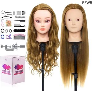 RFWR® Trainingshoofd 24 inch Bruin 50% Menselijk Haar voor Kappersopleiding met Haarstyling Set