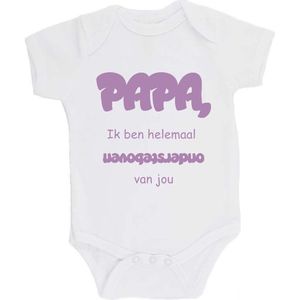 100% katoenen Romper bedrukt met grappige tekst Kado Cadeau Kraamkado Kraamcadeau Vaderdag ""Papa, ik ben helemaal ondersteboven van jou"" Unisex Katoen Wit/lila Maat 56/62