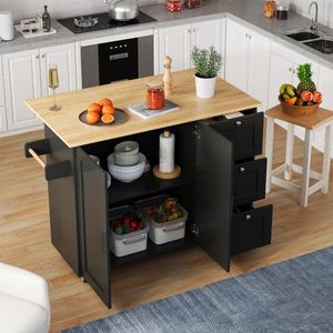 Mobiele keukentafel, L135xB44(70)xH90cm, eiken werkblad, opklapbaar, 3 lades, handdoekhouder, geschikt voor keuken, eetkamer, huis.