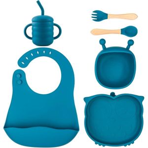 Antislip Baby Servies Set Blauwe Uil Met Zuignap - 6-delig Bord Kom Beker Slabbetje Lepel En Vork - Siliconen - Magnetron en Vaatwasserbestendig