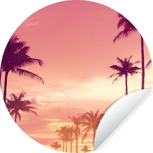 WallCircle - Behangcirkel zelfklevend - Palmboom - Roze - Zon - Zelfklevend behang - Wanddecoratie rond - 50x50 cm - Behangcirkel - Behangsticker - Rond schilderij