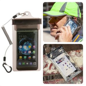 Telefoonbeschermer - Telefoonhouder- Universele Telefoon Protector voor Klussen - Waterbestendig & Stofbestendig - 100% Functioneel - Met Elastisch Anti-Drop Koord - Geschikt voor bijna alle Mobiele Telefoons - 21 x 11 cm
