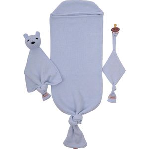 Minora Inbakerslaapzak Set 0/8 maand- Cocoon Teddy en Fopspeenhouder- 3 Delig babykleding jongens en meisjes-Winterslaapzak- Inbakerdoeken, Swaddle- Kraamcadeau - Newborn- Licht Blauw