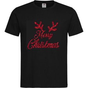 T-shirt Kinderen Kerst Kerstmis ""Merry Christmas met gewei"" | korte mouw | Zwart/Rood GLITTER | maat 110/116 (XS)