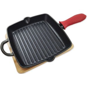 Gietijzeren pangrill (Ø 31 cm) incl. onderzetter & gripbescherming - grillpan gietijzeren pan - barbecue Cast Iron Pan - gasgrillpan
