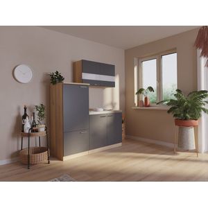 Goedkope keuken 160  cm - complete kleine keuken met apparatuur Luis - Eiken/Grijs - elektrische kookplaat  - koelkast  - mini keuken - compacte keuken - keukenblok met apparatuur