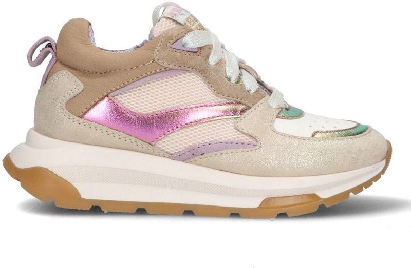 Braqeez 425250-994 Meisjes Lage Sneakers - Beige/Paars/Wit - Nubuck - Veters