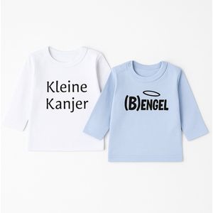 Baby T-Shirt Set met Tekst 'Kleine Kanjer' & '(B)Engel' – Maat 68 – Witte & Blauwe Lange Mouwen – Origineel Cadeau – Babykleding Jongens/Meisjes