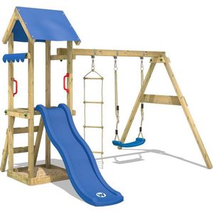 WICKEY speeltoestel klimtoestel TinyCabin met schommel & blauwe glijbaan, outdoor klimtoren voor kinderen met zandbak, ladder & speelaccessoires voor de tuin