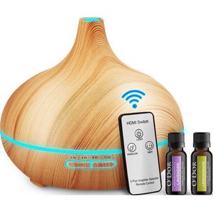 O'dor® Aroma Diffuser - Afstandsbediening - met EXTRA 2 flesjes Etherische Olie - Aromatherapie Geurverspreider Luchtbevochtiger - Hout Look