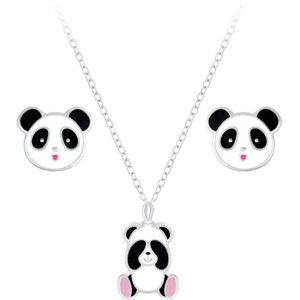 Zilveren panda kinderoorbellen en ketting | panda oorknopjes Meisje Zilver | kinderketting panda | kindersetje oorstekers ketting | kindersieraden meisje sets zilver | Zilverana | Sterling 925 Silver
